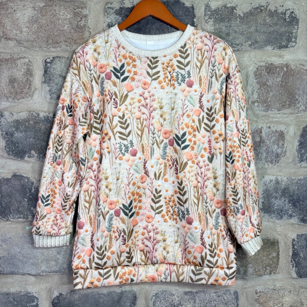 Whimsical Floral Print Sweatshirt Women Size M Crew Neck Long Sleeve Casual Top